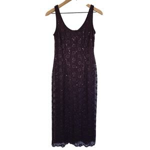 Vintage R&M Richards Purple Sequined Lace Midi Dress 6P • Sparkle & Sheer Detail
